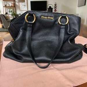 Miu Miu Black Vitello Leather Shoulder Bag with Gold Accents